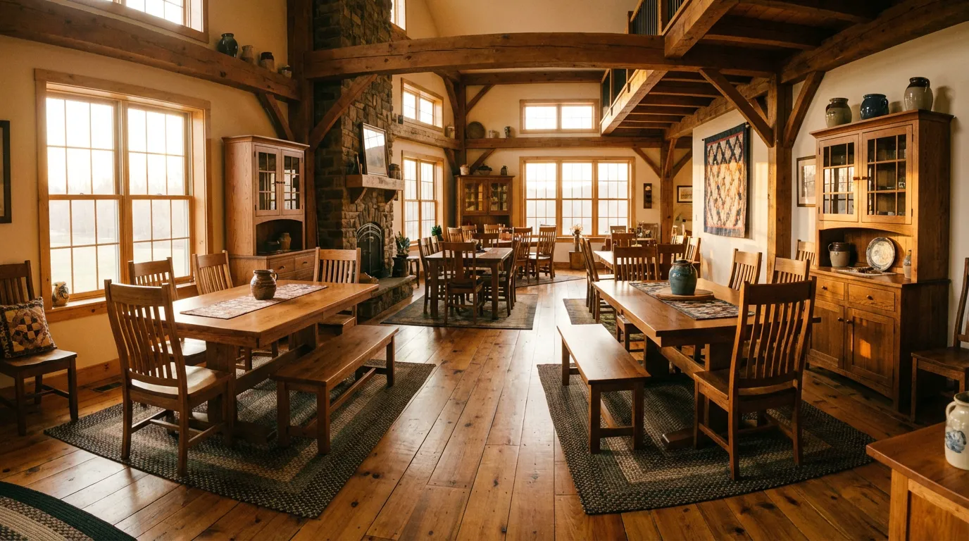 Amish furniture dining showroom with solid wood tables and cabinetry.