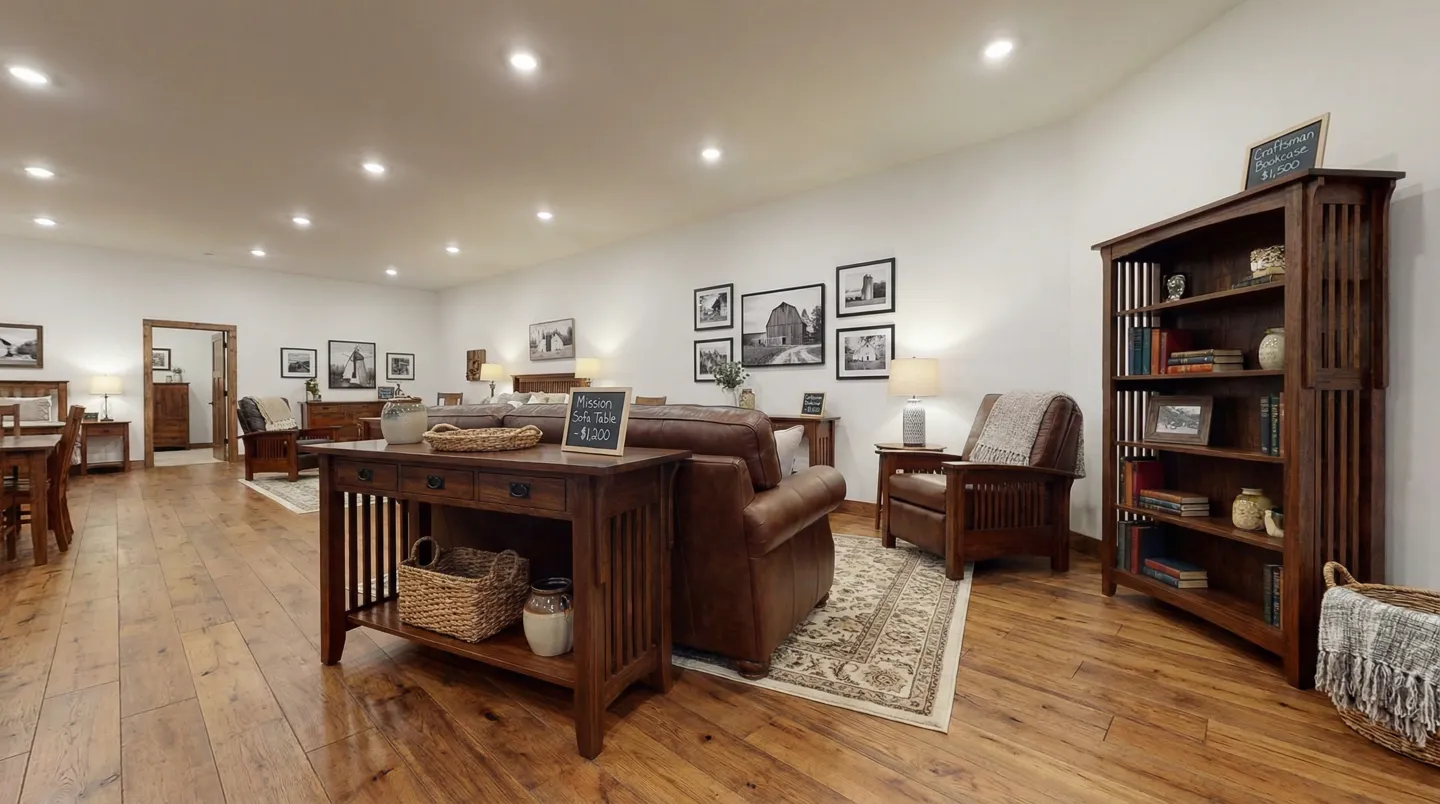 Living room showroom with solid wood tables, leather seating, and bookshelf displays.
