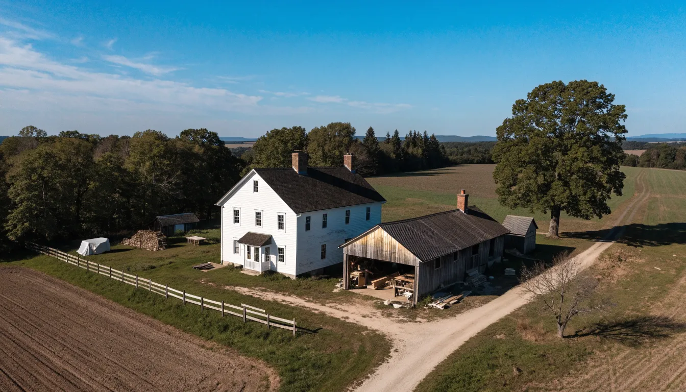 Aerial view of a white farmhouse and woodworking shop beside fields and a dirt lane