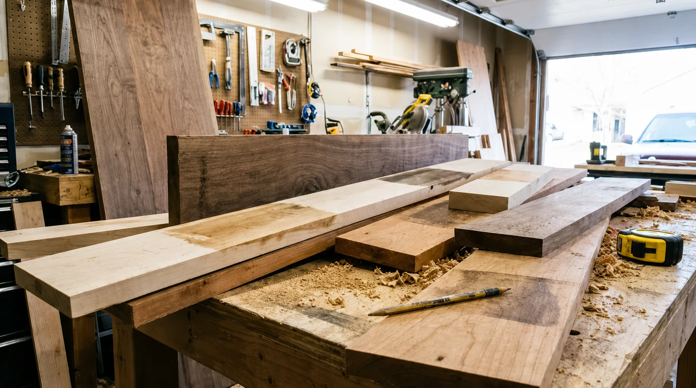 Assorted hardwood boards arranged across a sawdust-covered workbench in a furniture workshop