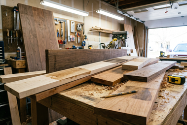 Side-by-side wood samples showing oak, cherry, maple, hickory, and walnut with different stain finishes in an Amish workshop