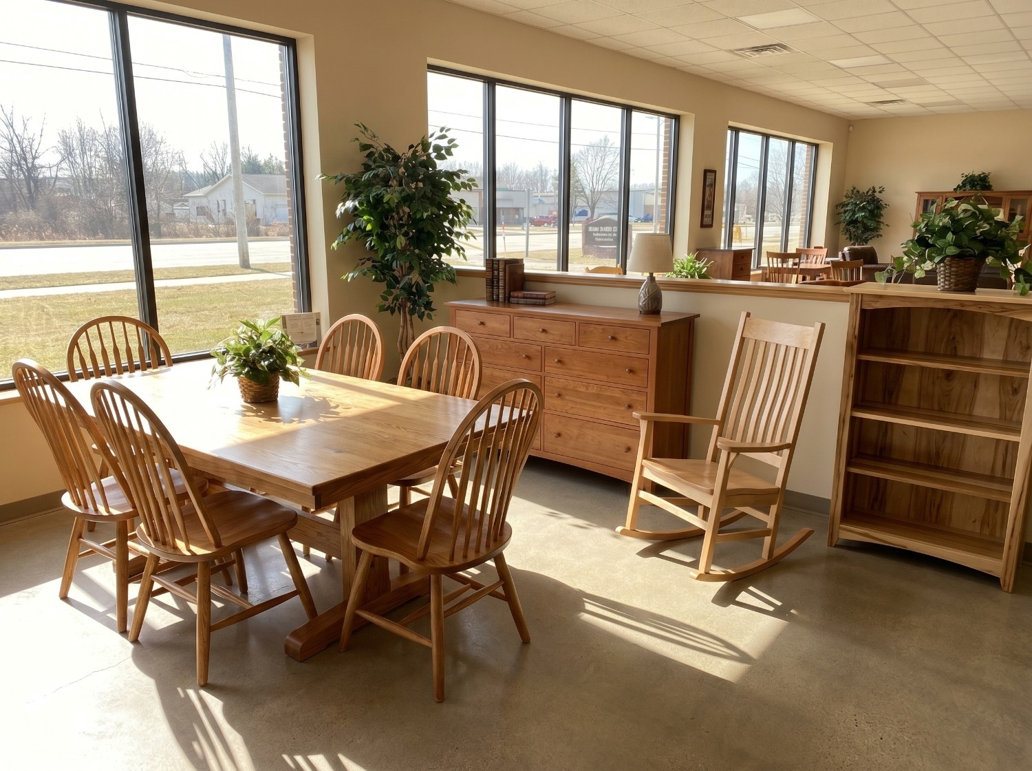 Handcrafted Amish oak dining table and chairs displayed in a bright Michigan furniture showroom