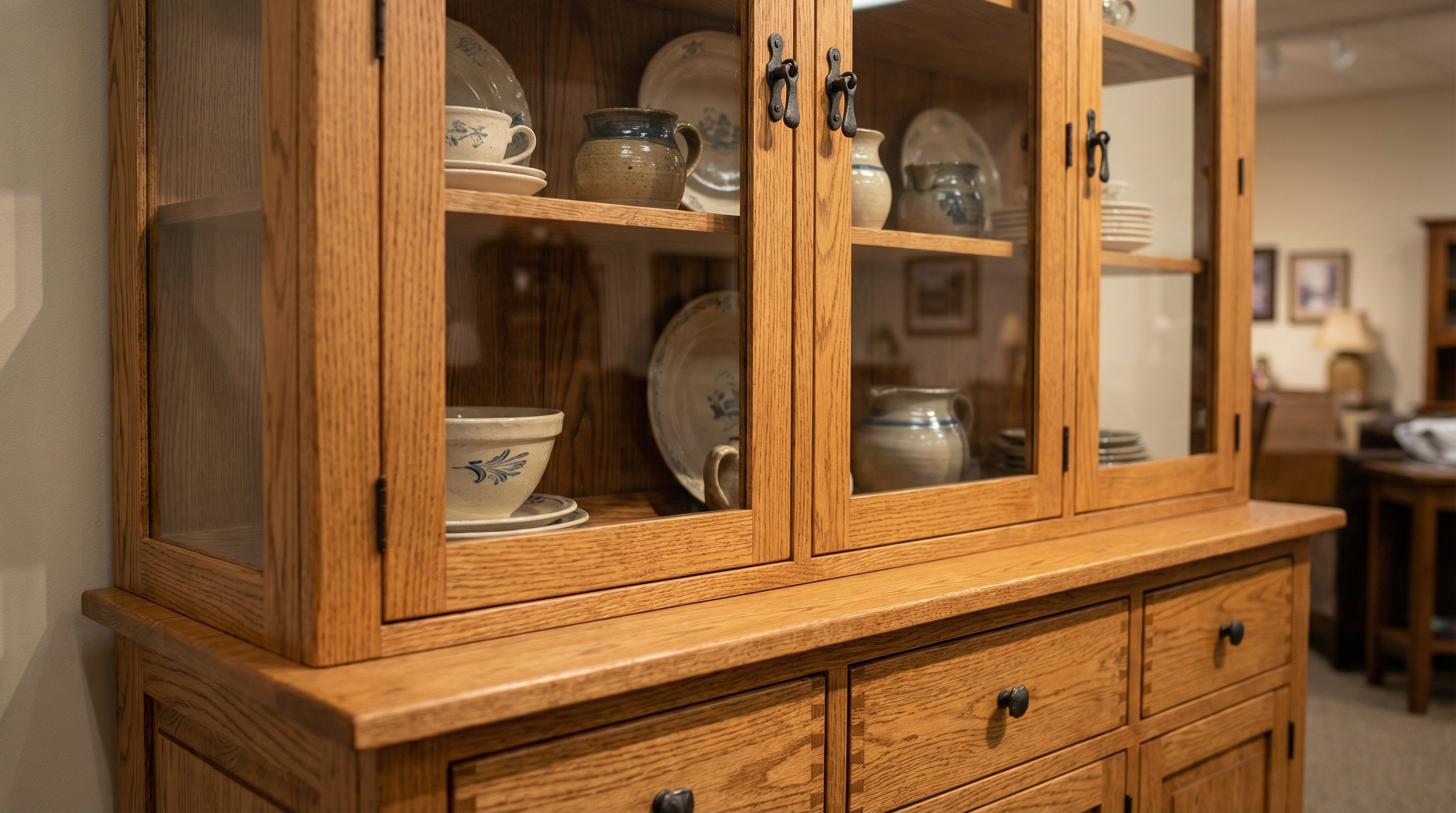 Close-up of a handcrafted solid wood hutch with detailed joinery and glass doors.
